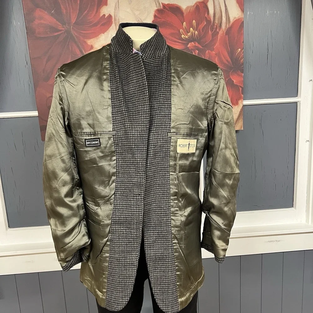 Vintage‎ Robert Stock Blazer Sport Coat Mens 40L Long Wool Flannel Gray/Navy